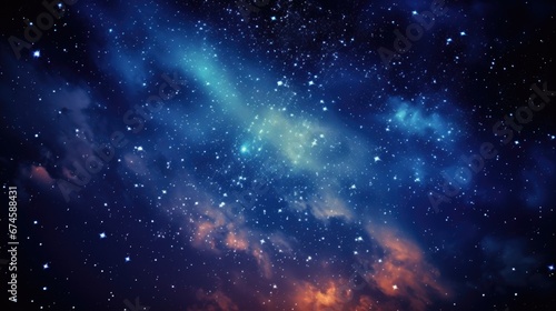 Galaxy in center with stars and nebulae in blue and orange colors on a black background