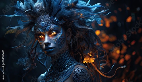 Baśniowa szamanka czarownica z ornamentami na twarzy i błyszczącymi oczami. 
