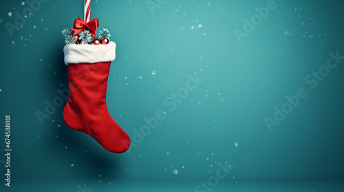 Christmas sock on a green snowy background