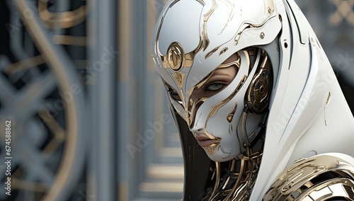 Futurystyczny humanoidalny robot android w biało złotej zbroi. 