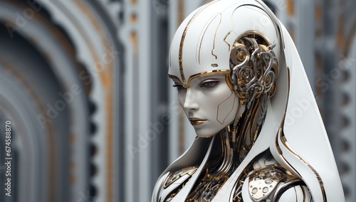 Futurystyczny humanoidalny robot android w biało złotej zbroi. 