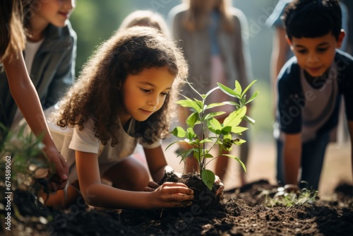 Beautiful little multi-ethnic children bend over a tiny green sprout in the garden. Adorable enfants with different skin colors plant a plant in the ground together. Diversity and cooperation concept.