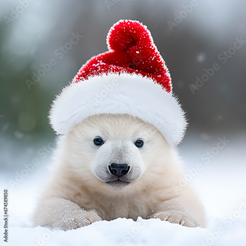 A baby polar bear wearing a Santa hat. Christmas card. Generative AI