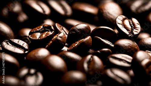 close-up of a pile of roasted coffee beans. The beans are brown and have a rich flavor. The beans are sitting on top of each other on a table