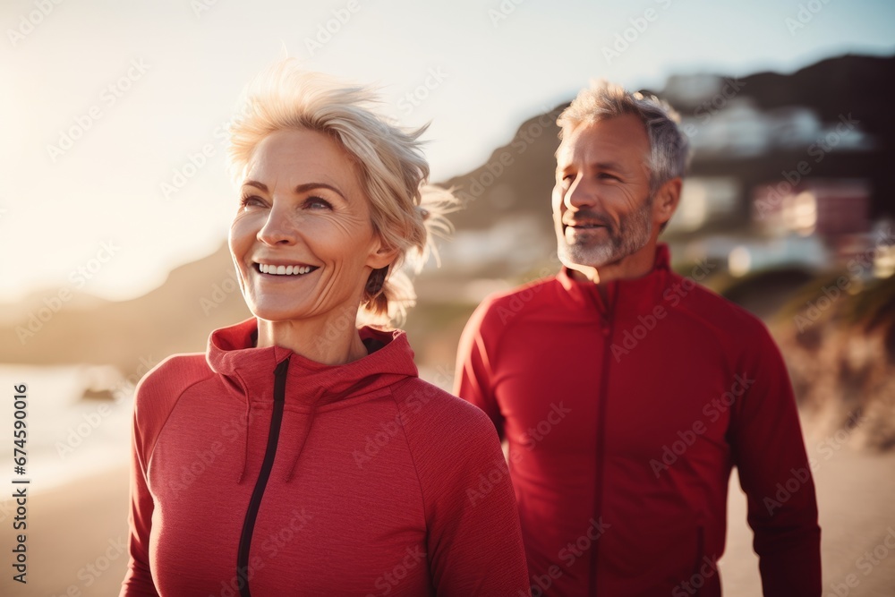 Adult Caucasian couple in sportswear jogging along a picturesque seashore. Cheerful mature athletic man and woman smiling while running in a beautiful fresh morning. Active lifestyle for all ages. - obrazy, fototapety, plakaty 