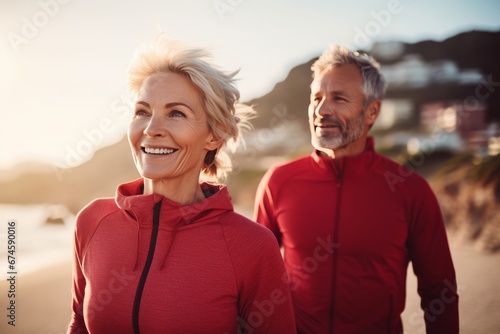 Adult Caucasian couple in sportswear jogging along a picturesque seashore. Cheerful mature athletic man and woman smiling while running in a beautiful fresh morning. Active lifestyle for all ages. photo