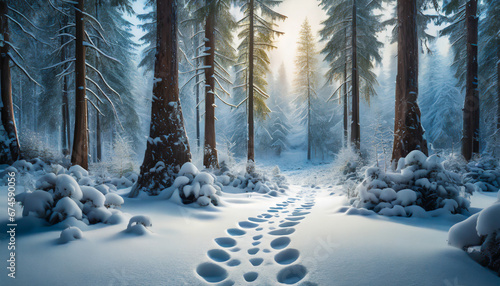 Snowy forest scene with animal tracks in the snow