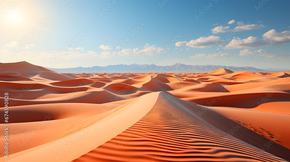 Desert dunes panoramic view. Sand dunes background. 3d render