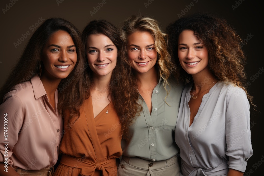Half-length portrait of four cheerful young diverse multiethnic women. Female friends smiling at camera while posing together. Diversity, beauty, friendship concept. Isolated over grey background. Half-length portrait of four cheerful young diverse multiethnic women. Female friends smiling at camera while posing together. Diversity, beauty, friendship concept. Isolated over grey background.