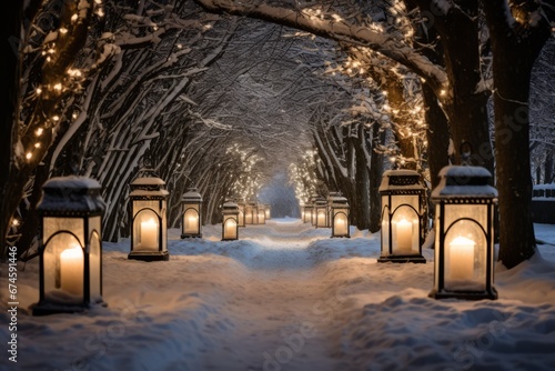 A Magical Christmas Eve Scene of a Snowy Path Illuminated by Glowing Lanterns, Leading to a Mysterious Destination