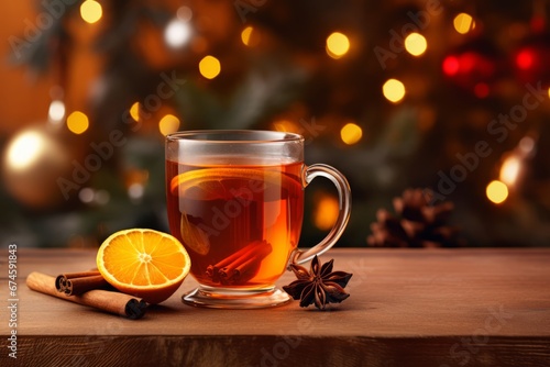 A Warm, Inviting Mug of Spiced Cider Nestled Amongst Christmas Decorations, Illuminated by the Soft Glow of Twinkling Holiday Lights