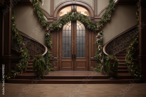 An enchanting Christmas scene featuring a beautifully decorated staircase adorned with a lush green garland  twinkling fairy lights  and festive ornaments