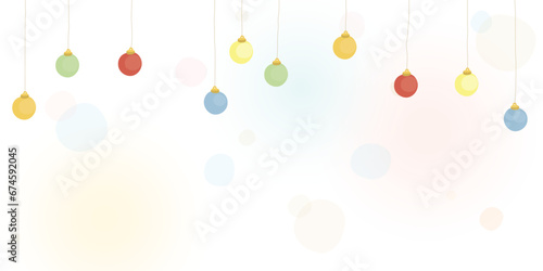 Colorful hanging evening balls with blurred background vector illustration childish style. Party background doodle lines template have blank space.