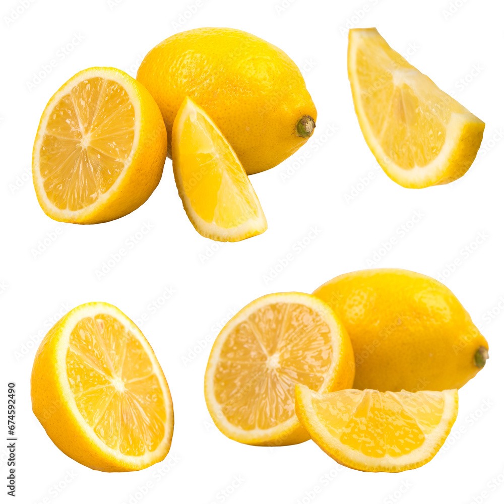Set of fresh whole and cut Lemon and slices isolated on white background. From top view.