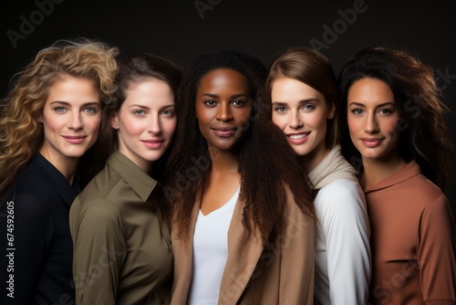 Half-length portrait of five cheerful young diverse multiethnic women outdoors. Female friends in beautiful dresses smiling at camera while posing together. Diversity, beauty, friendship concept.