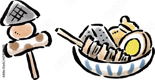 串に刺したおでんと皿に盛ったおでん　筆タッチイラスト