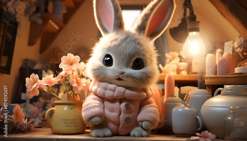 Cute little rabbit in a warm knitted sweater on the background of a cozy interior. © Iman