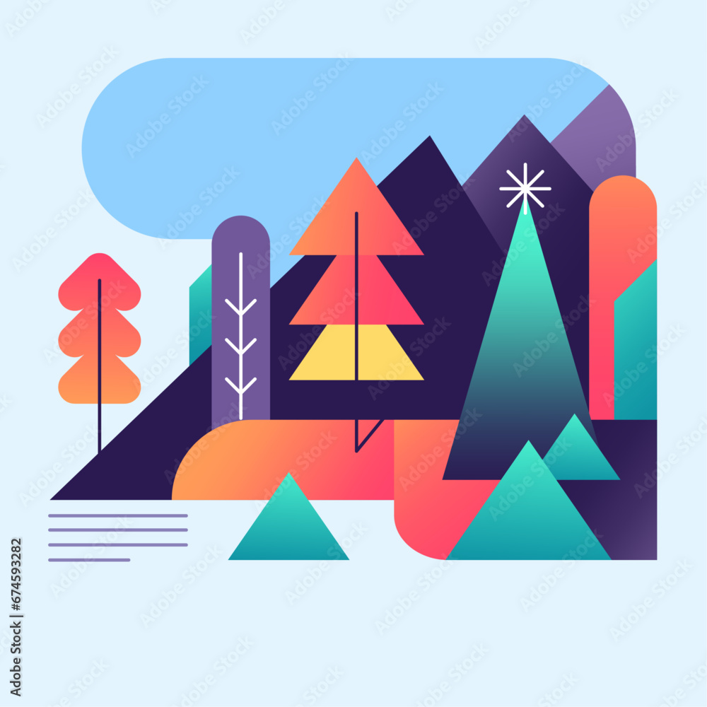 Merry Christmas and Happy New Year 2024! Vector trendy abstract illustrations of holiday card with forest.