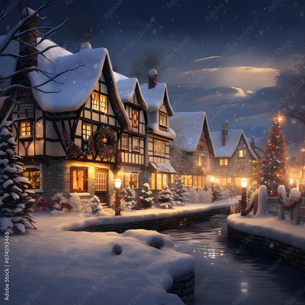 Winter night in a small village. Christmas and New Year concept.