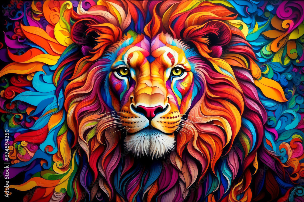 A colorful portrait of a male lion.