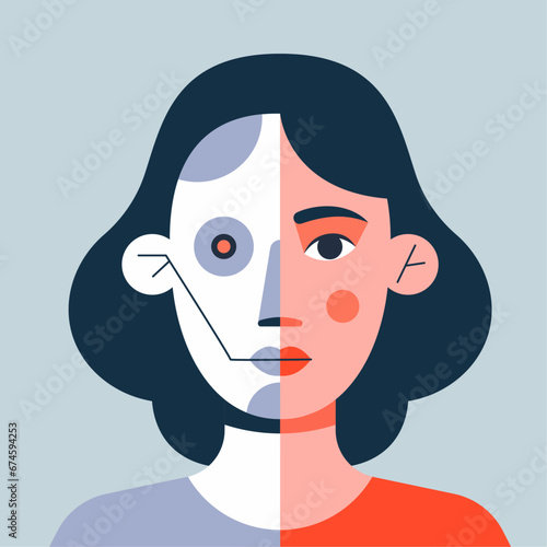Half Robot Girl. Cyborg woman. Flat vector illustration in cartoon style isolated on grey background.