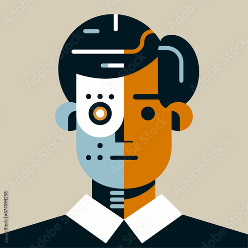 Half robot man portrait. Cyborg guy. Flat vector illustration in cartoon style.