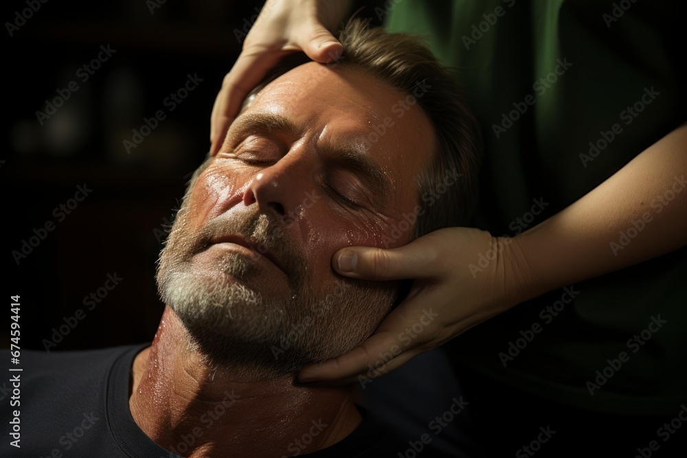 Fototapeta premium A close-up of a spa therapist's skilled hands performing a facial treatment on man.