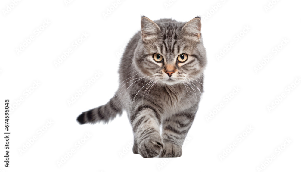 walking grey cat isolated on transparent background cutout