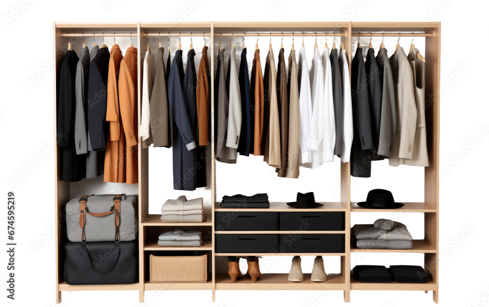 Clothes And Shoes Are Placed In Wardrobe Isolated On Transparent Background PNG.