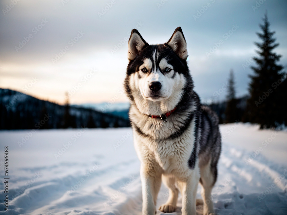 husky dog ​​outdoors in winter