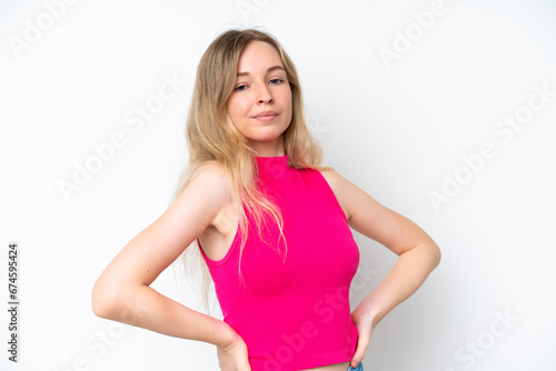 Blonde English young girl isolated on white background suffering from backache for having made an effort