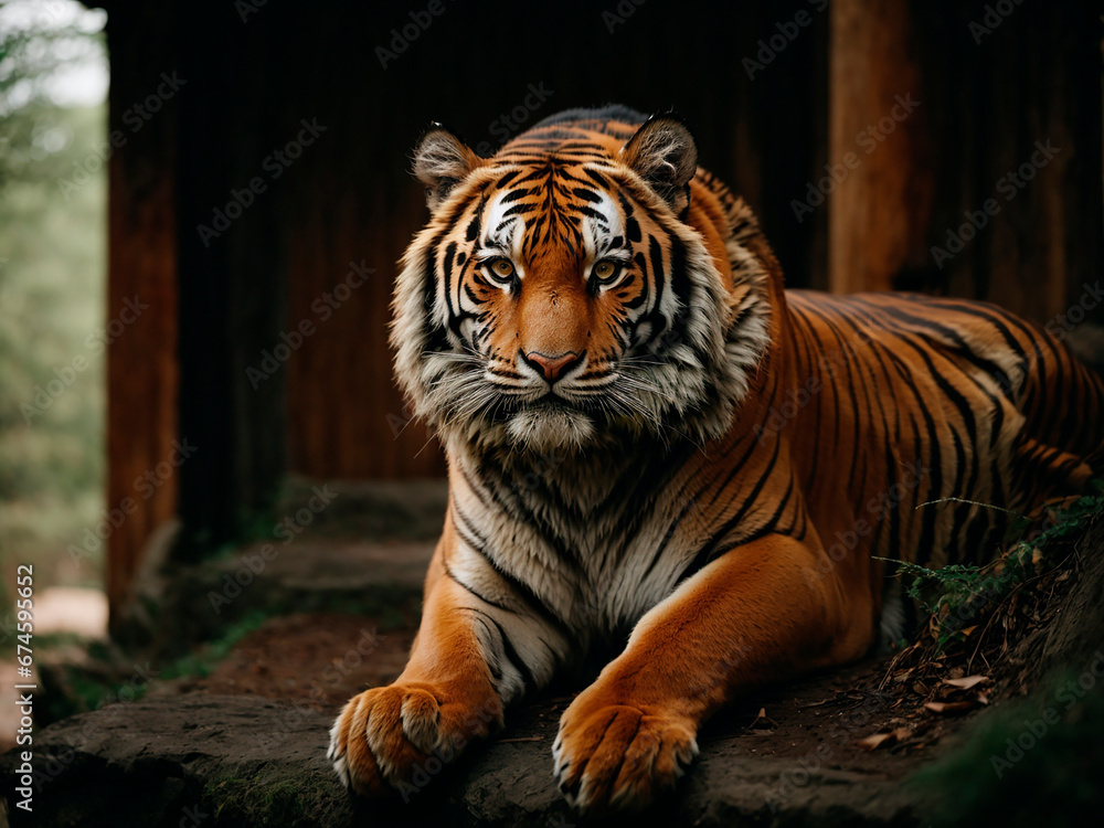 Obraz premium tiger near the hut on the doorstep