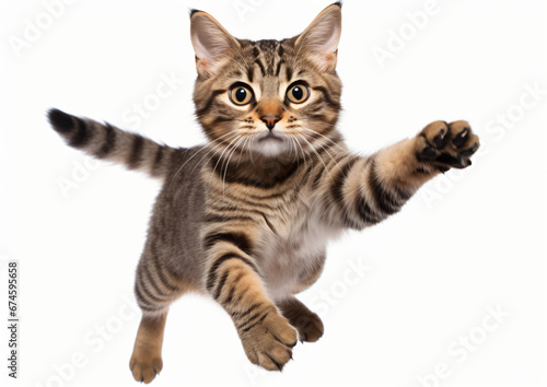 A beautiful tabby cat jumping full body on a white background