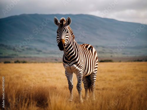 zebra in africa against a mountain background