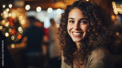 A happy woman dress up in Santa Claus hat at Christmas celebration party.