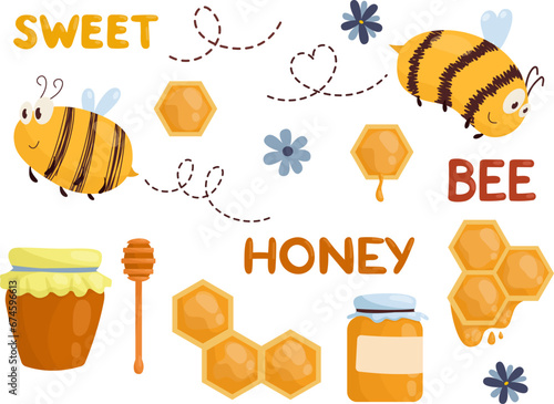 Vector set with bees and honey