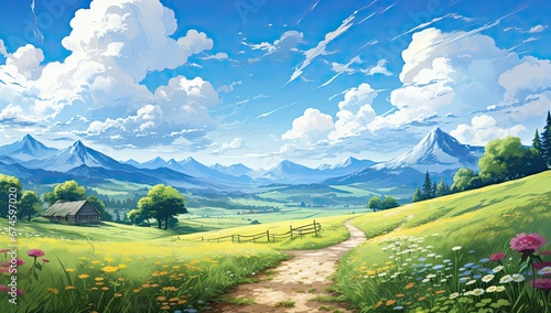 Piękny krajobraz wiejskich pół z wydeptaną ścieżką i puszystymi chmurami na niebieskim niebie. Obraz cyfrowy w kreskówkowym stylu anime. 