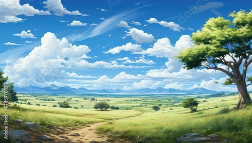 Piękny krajobraz wiejskich pół z wydeptaną ścieżką i puszystymi chmurami na niebieskim niebie. Obraz cyfrowy w kreskówkowym stylu anime. 