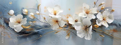 Panel kuchenny z motywem Białe kwiaty na niebieskim tle. 