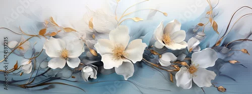 Panel kuchenny z motywem Białe kwiaty na niebieskim tle. 