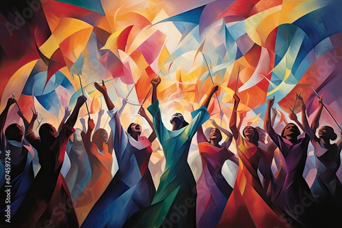 Grupa ludzi świętująca i tańcząca na kolorowym abstrakcyjnym tle. 