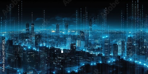 Digital networked cityscape. Futuristic skyscrapers and modern technology. Future urban architecture. Tech driven city skyline and innovations. Cybernetic
