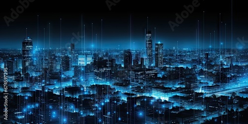 Digital networked cityscape. Futuristic skyscrapers and modern technology. Future urban architecture. Tech driven city skyline and innovations. Cybernetic photo