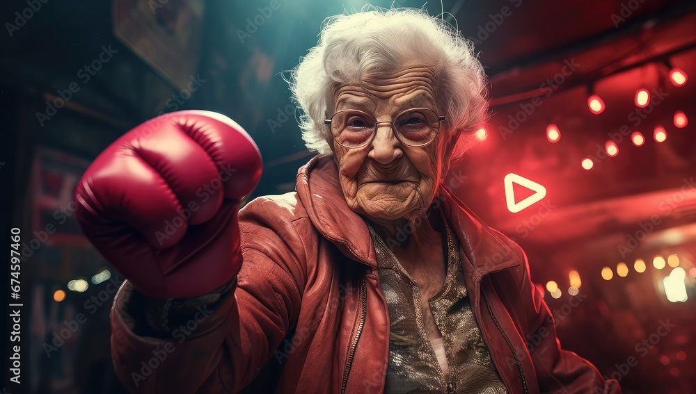 Obraz premium Starsza kobieta w rękawicach bokserskich gotowa do walki. 