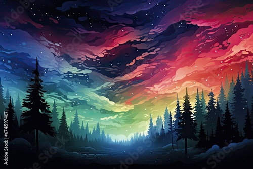 Kolorowe chmury i nocne gwiaździste nocne niebo z lasem w blasku księżyca. 