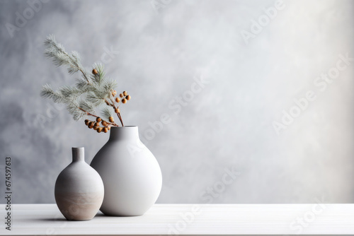 Two ceramic vases holding delicate pine branches standing against a textured minimal grey background. Empty winter banner mock up with copy space for text © Cherstva