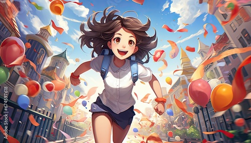 Dziewczynka anime biegnąca przez miasto. 