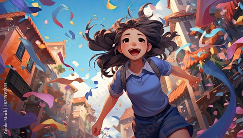 Dziewczynka anime biegnąca przez miasto. 