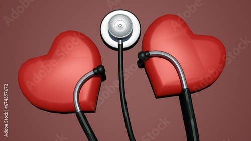 A single stethoscope and red heart shape on an isolated background, 3D rendering. photo