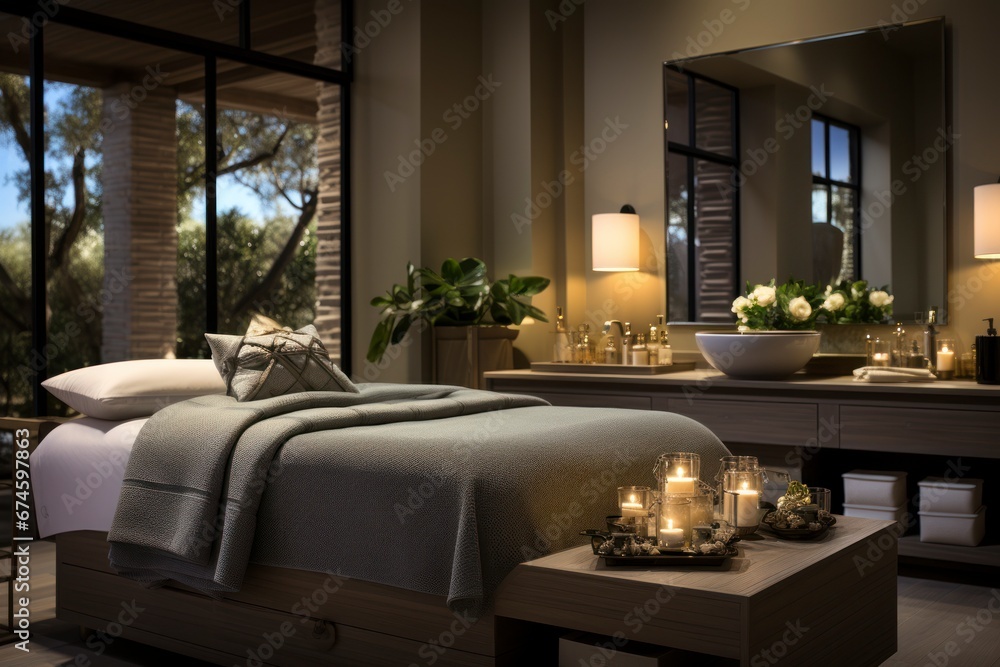 Fototapeta premium A serene spa room with soft, dimmed lighting, a massage table draped in luxurious linens.
